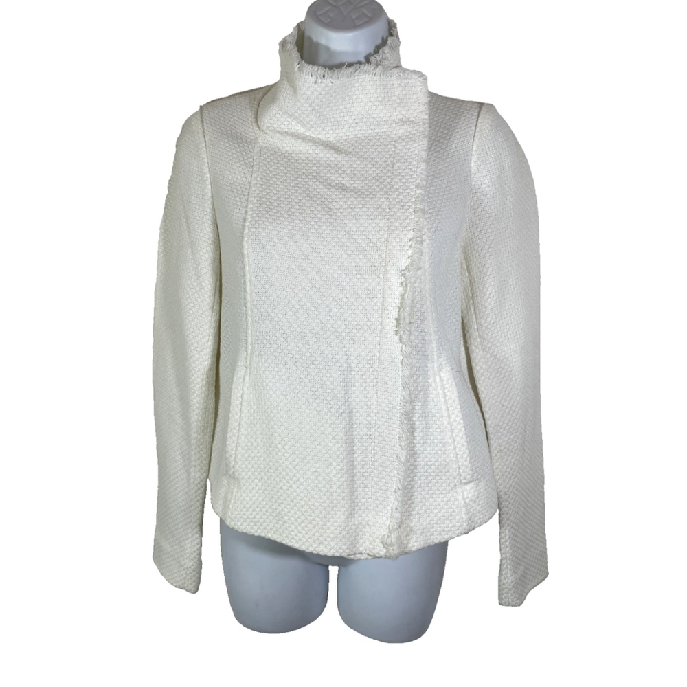 Vince Tweed Fringe Zip Up White Moto Jacket Pockets Women's XS